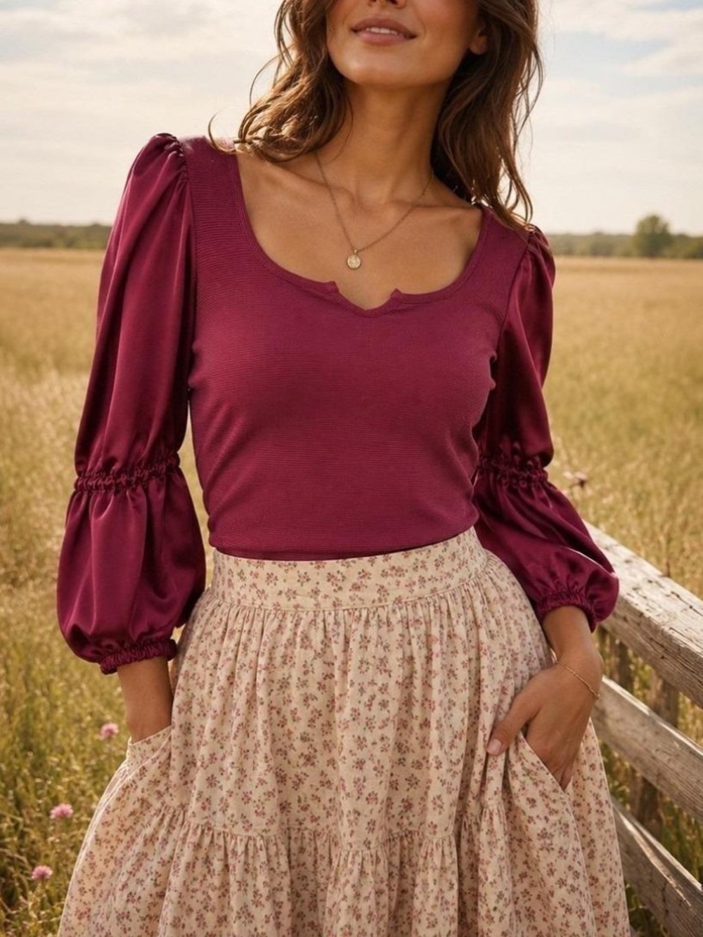 Anthropologie Maeve Burgundy Puff-Sleeve Scoop Neck Ribbed Top